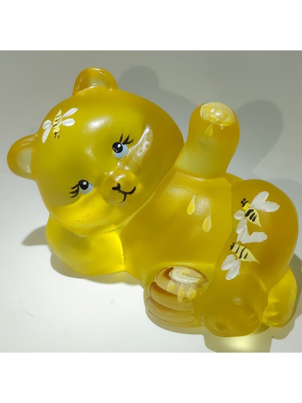 Fenton Reclining Bear 5233 LE Buttercup Satin Yellow Glass HP Honey Pot Signed